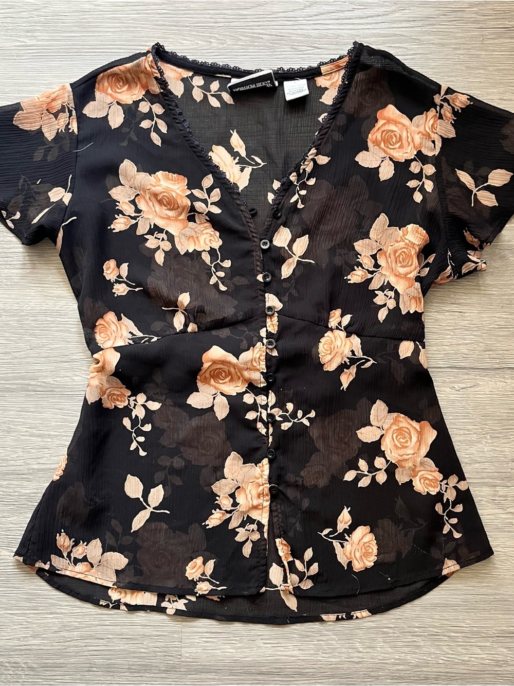 Y2K Whimsygoth Sheer Button Front Blouse with Peach Floral Print
